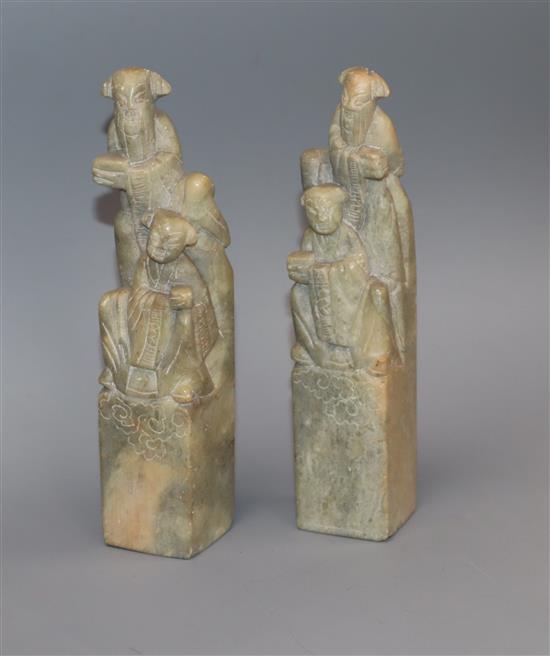 A pair of Chinese soapstone seals height 14cm